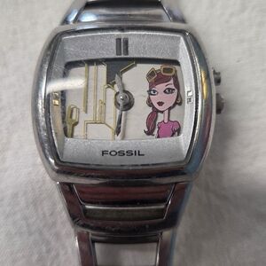 Fossil Silver Watch with Pink Cartoon Design